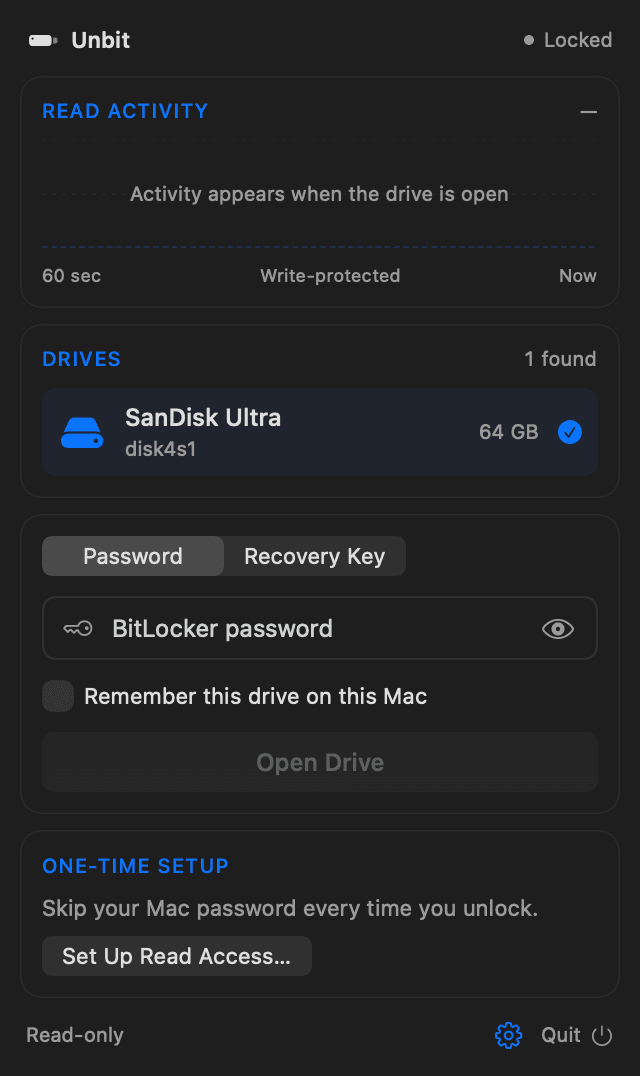 Unbit-vindue i menulinjen med et registreret SanDisk-drev og et felt til BitLocker-adgangskode